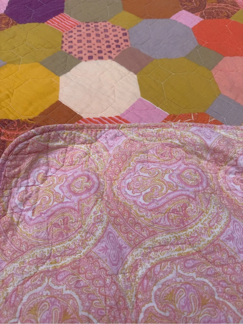 Handmade 86x88 Granny Octogonal Patterned Crazy Quilt W Paisley Backing